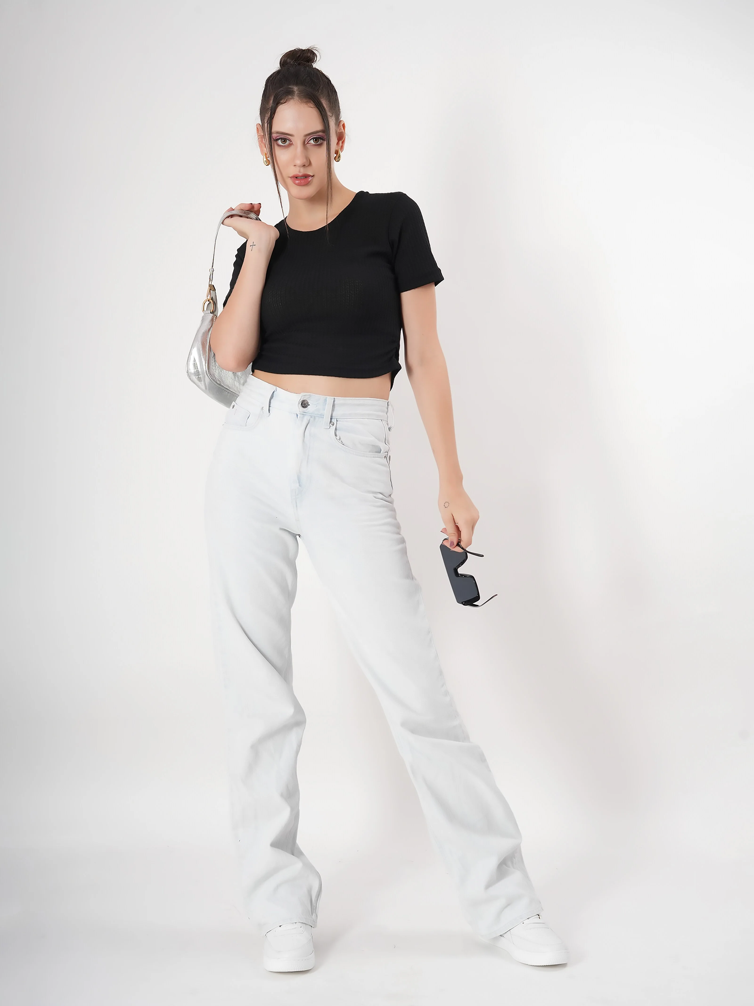 Clobug Self Design Round Neck Half Sleeve Fitted Crop Top - Image 17