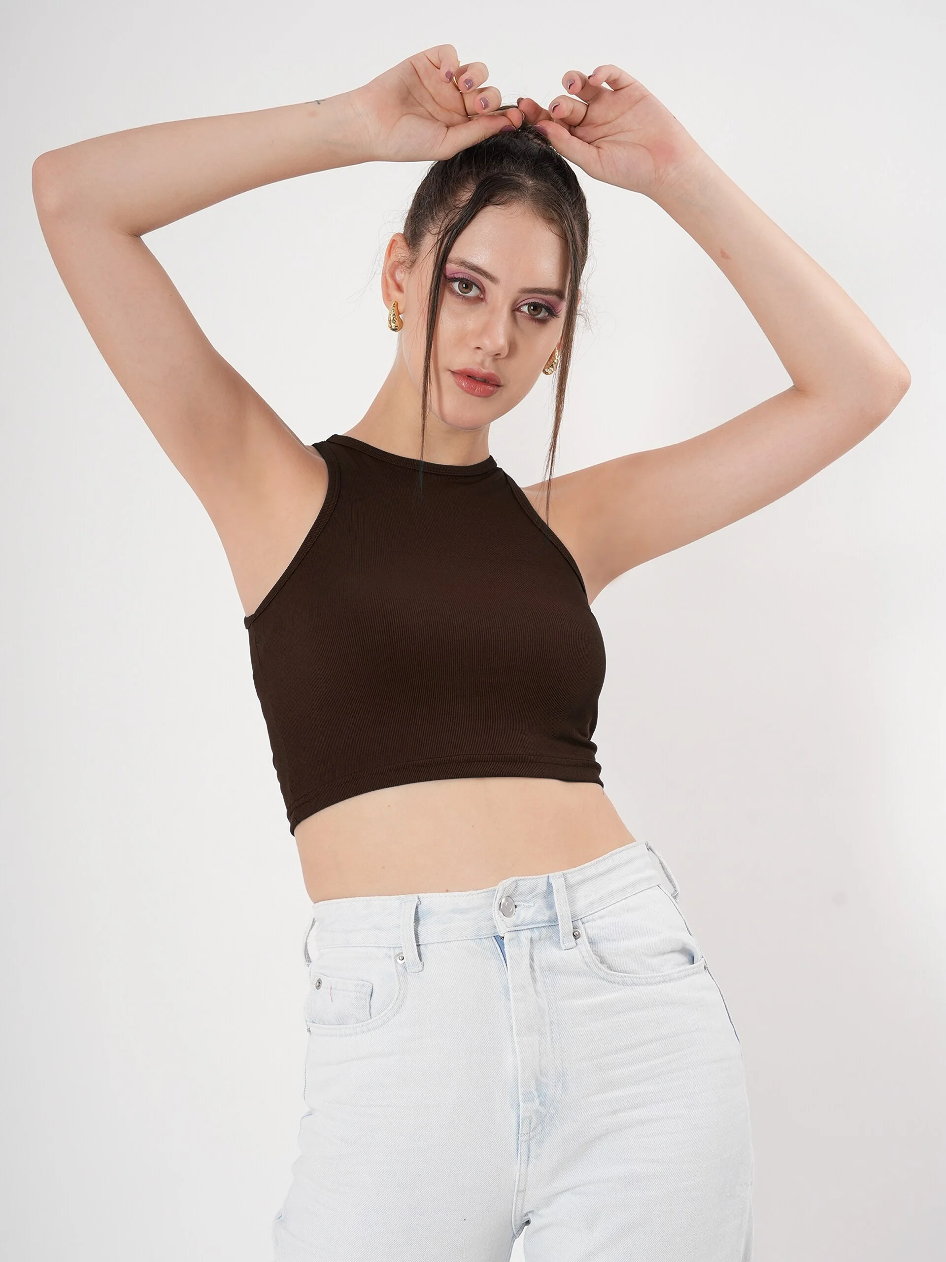 Solid Blue Sleeveless Crop Tank Top - Image 11