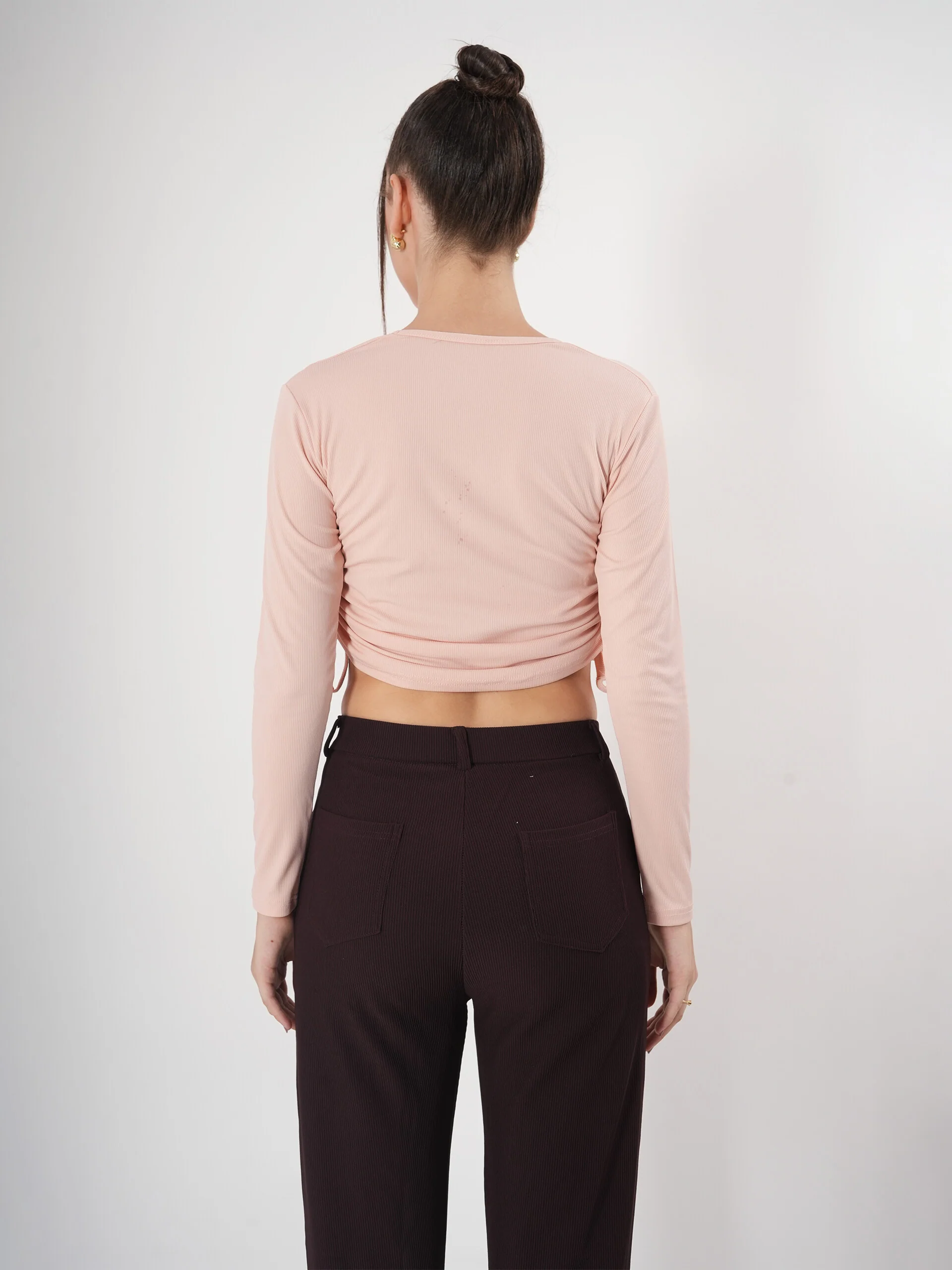 Clobug Solid Square Neck Full Sleeve Fitted Crop Top With Adjustable Strings - Image 17