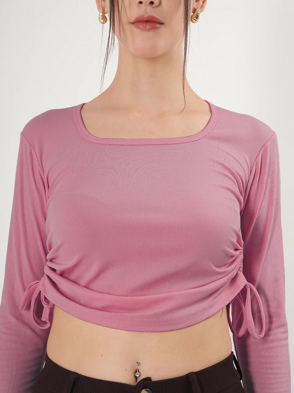 Clobug Solid Square Neck Full Sleeve Fitted Crop Top With Adjustable Strings - Image 30