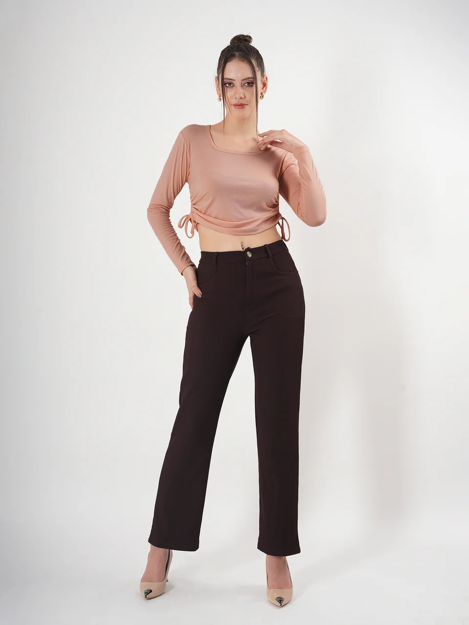 Clobug Solid Square Neck Full Sleeve Fitted Crop Top With Adjustable Strings - Image 53
