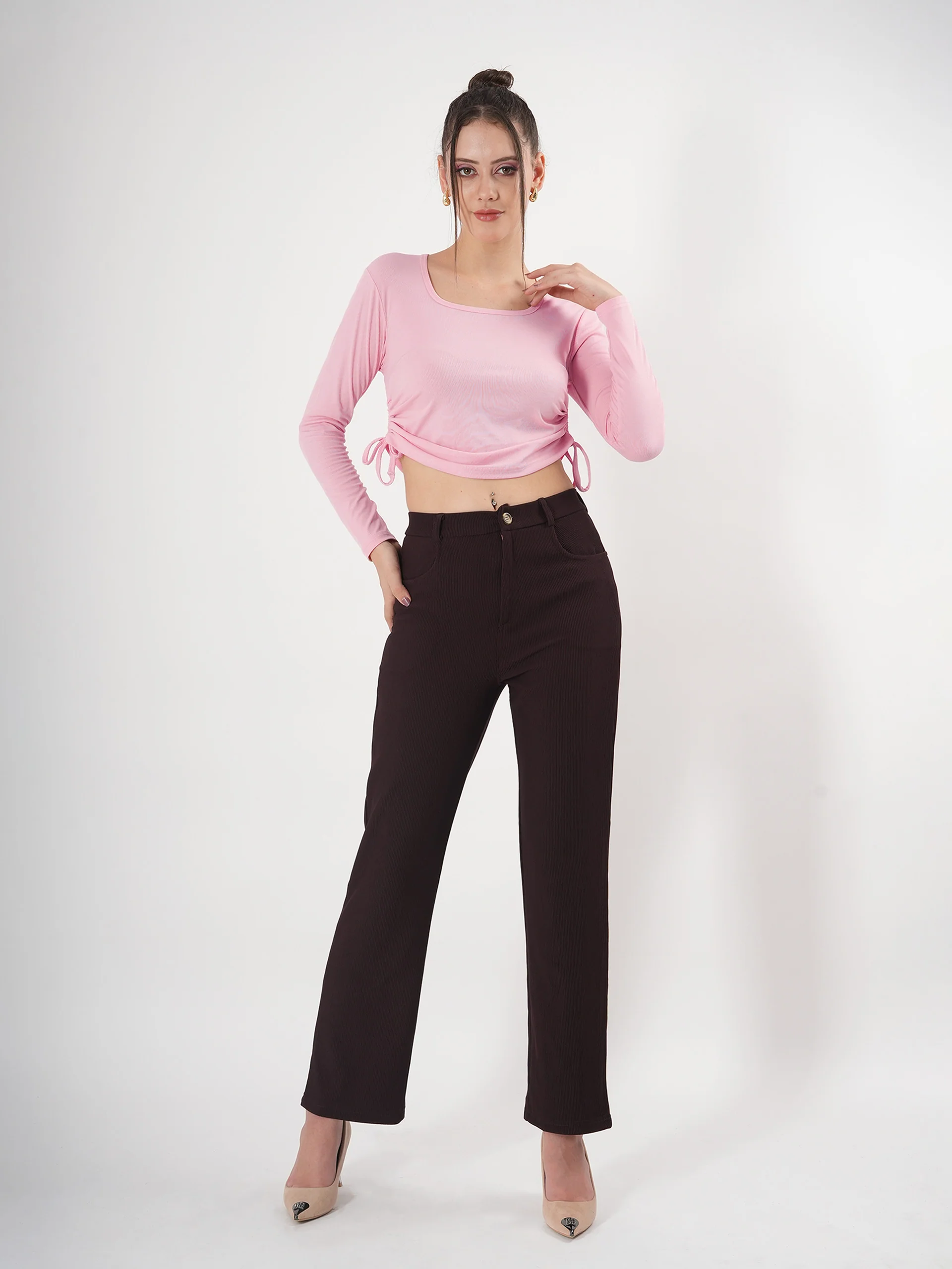Clobug Solid Square Neck Full Sleeve Fitted Crop Top With Adjustable Strings - Image 7