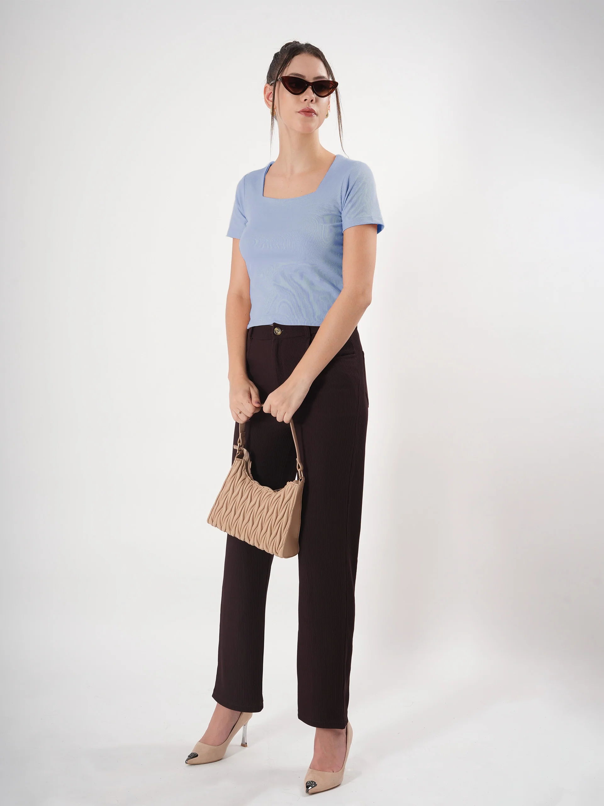 Clobug Solid Square Neck Half Sleeve Fitted Top - Image 14