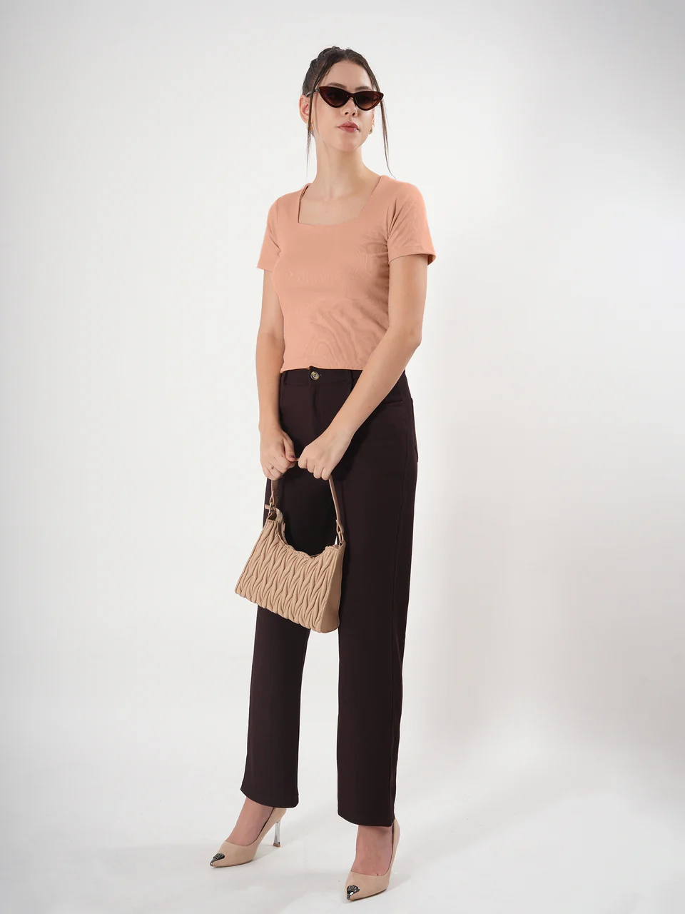 Clobug Solid Square Neck Half Sleeve Fitted Top - Image 42
