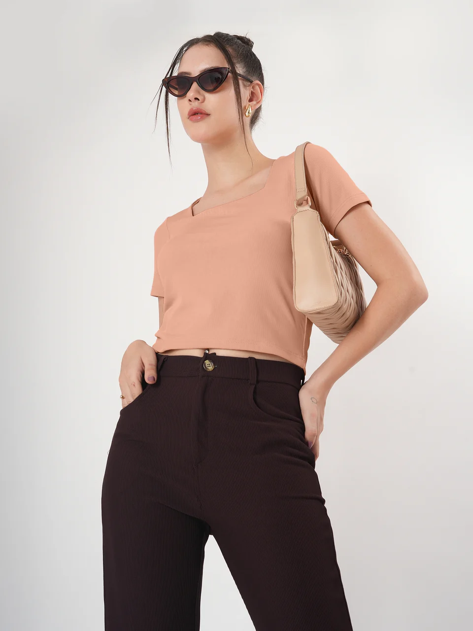 Clobug Solid Square Neck Half Sleeve Fitted Top - Image 43