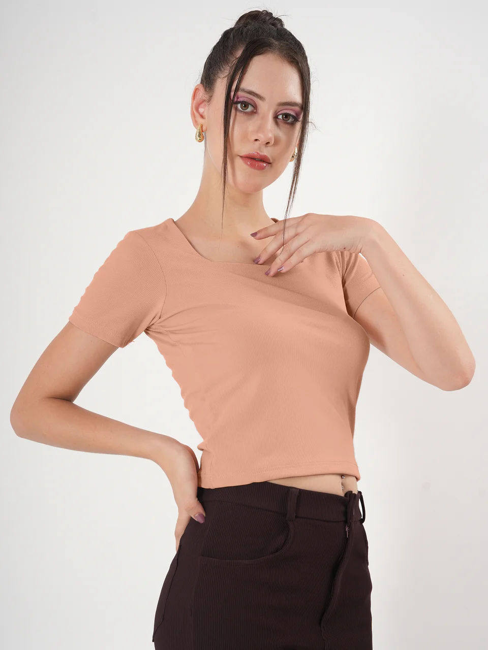 Clobug Solid Square Neck Half Sleeve Fitted Top - Image 45