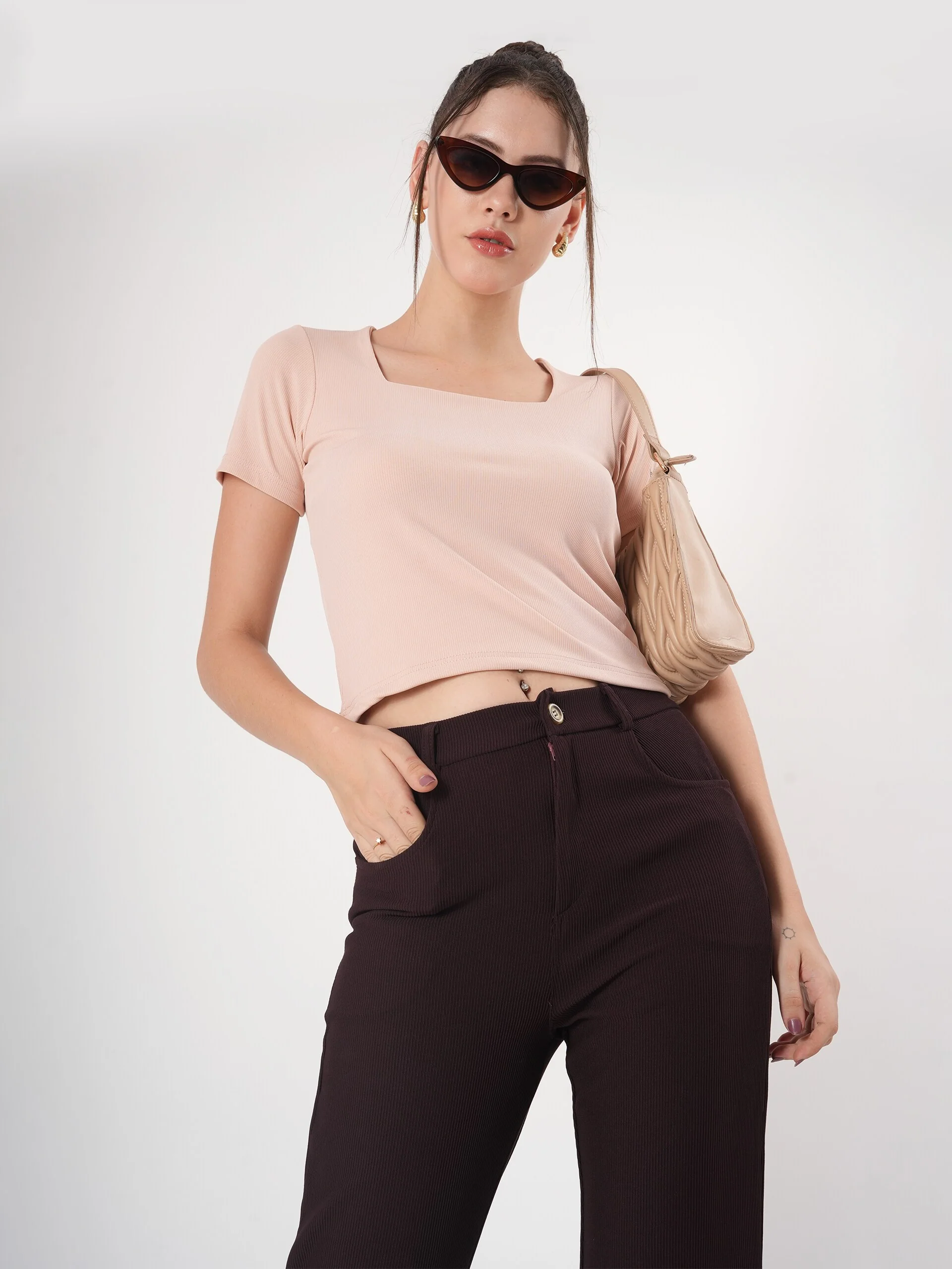 Clobug Solid Square Neck Half Sleeve Fitted Top - Image 9