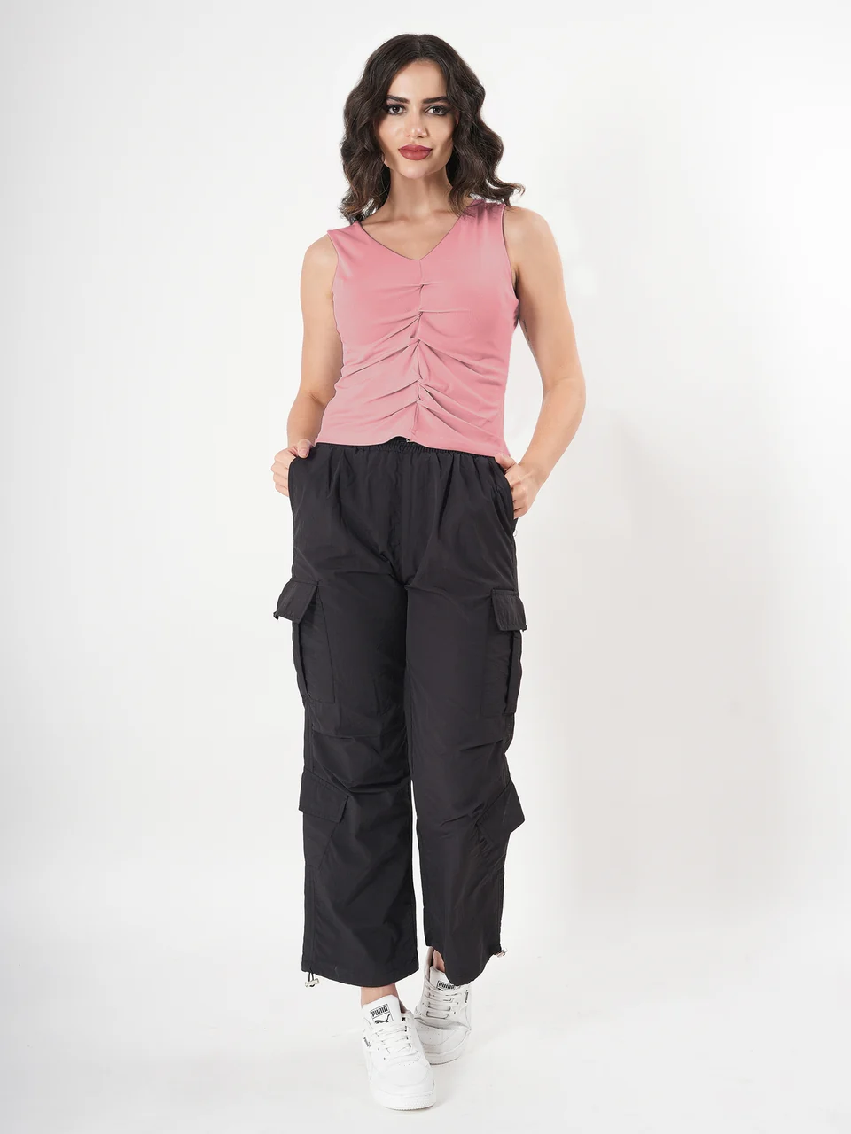 Solid V Neck Sleeveless Pleated Semi Crop Top - Image 20