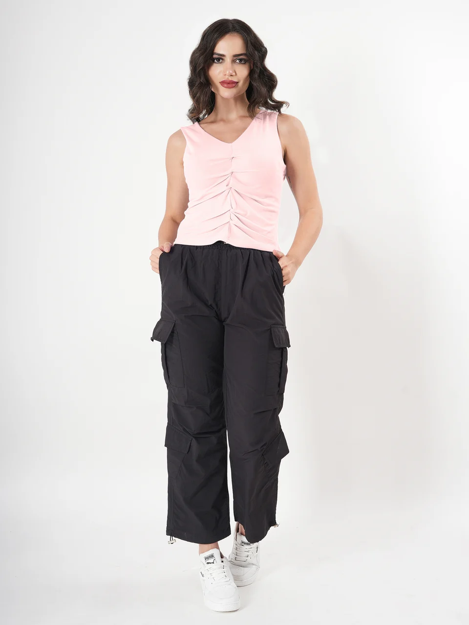 Solid V Neck Sleeveless Pleated Semi Crop Top - Image 26