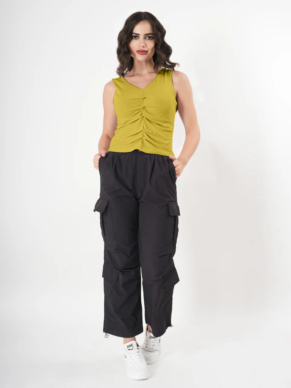 Solid V Neck Sleeveless Pleated Semi Crop Top - Image 32